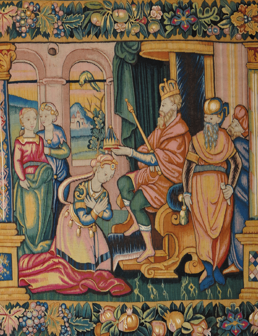Detail gobelínu s vyobrazením korunovácie Ester 